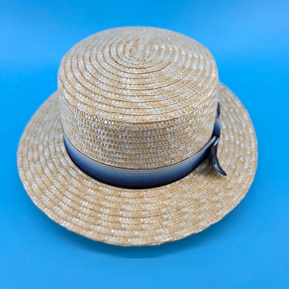 Babeyond Straw Boater‎ Hat Mens/Womens Blue Gradient Ribbon Flat Top Skimmer L